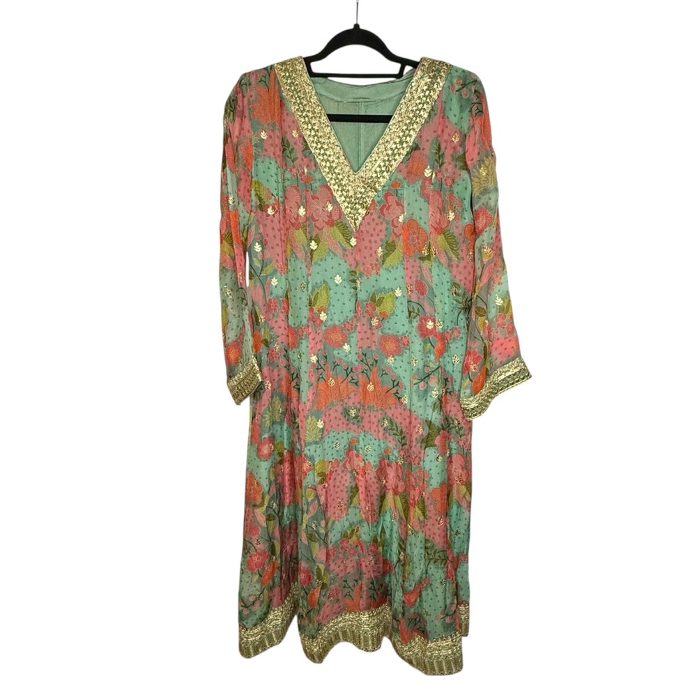 Embellished floral Indian Tunic Dress Boho Kurti Anarkali teal pink metallic - Picture 2 of 8